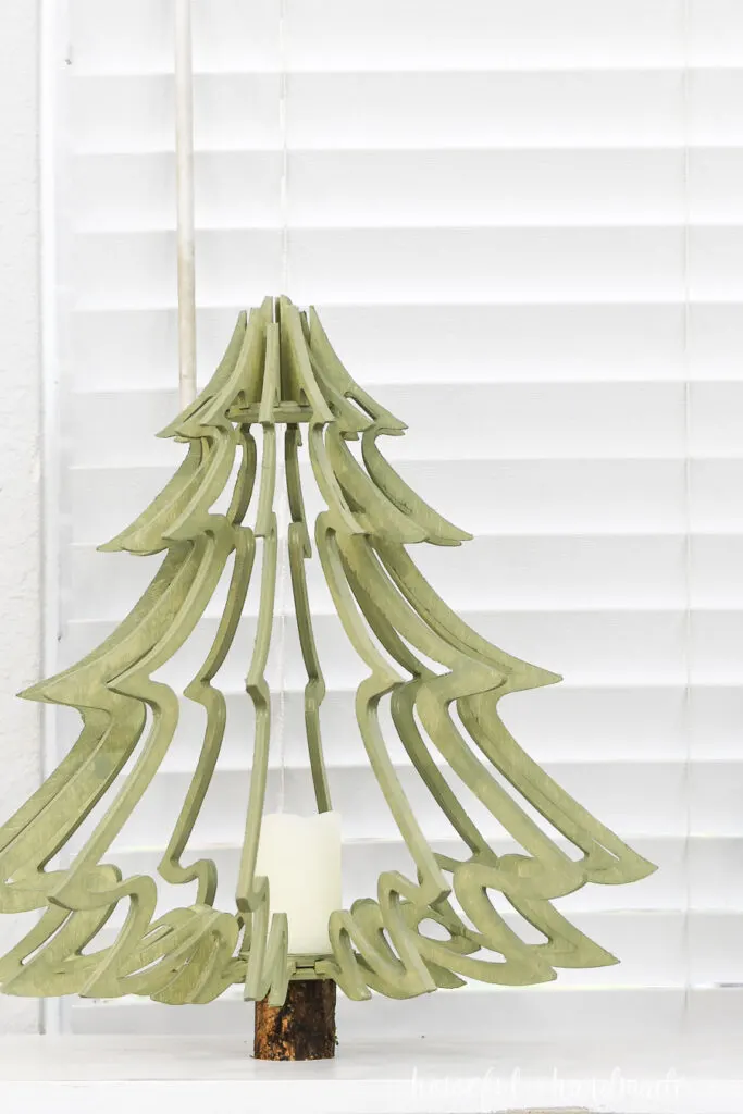Close up of the green stained classic shaped 3D Christmas tree.