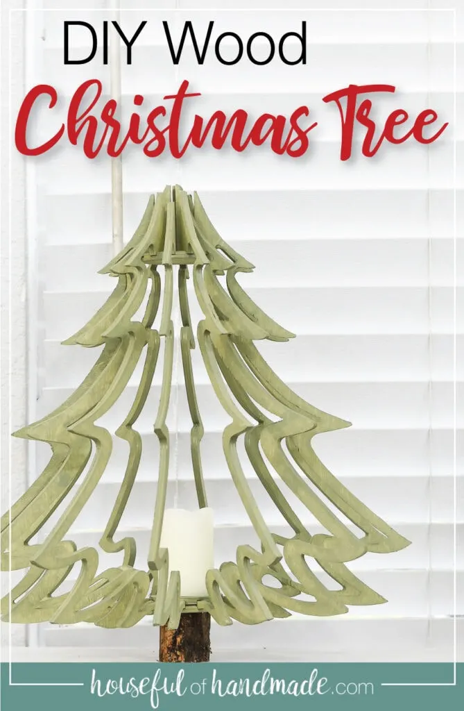 Green stained wood Christmas tree made from plywood with text overlay: DIY wood Christmas tree.
