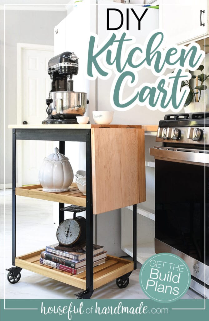 DIY Kitchen cart made from poplar and maple with black and natural stain in a kitchen with text overlay. 