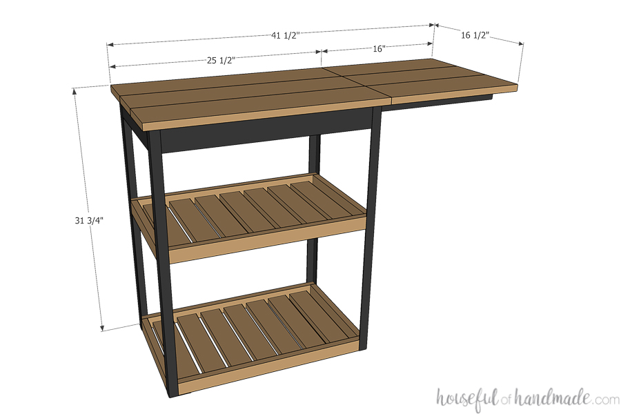 3D sketch of the kitchen baking cart with dimensions noted. 