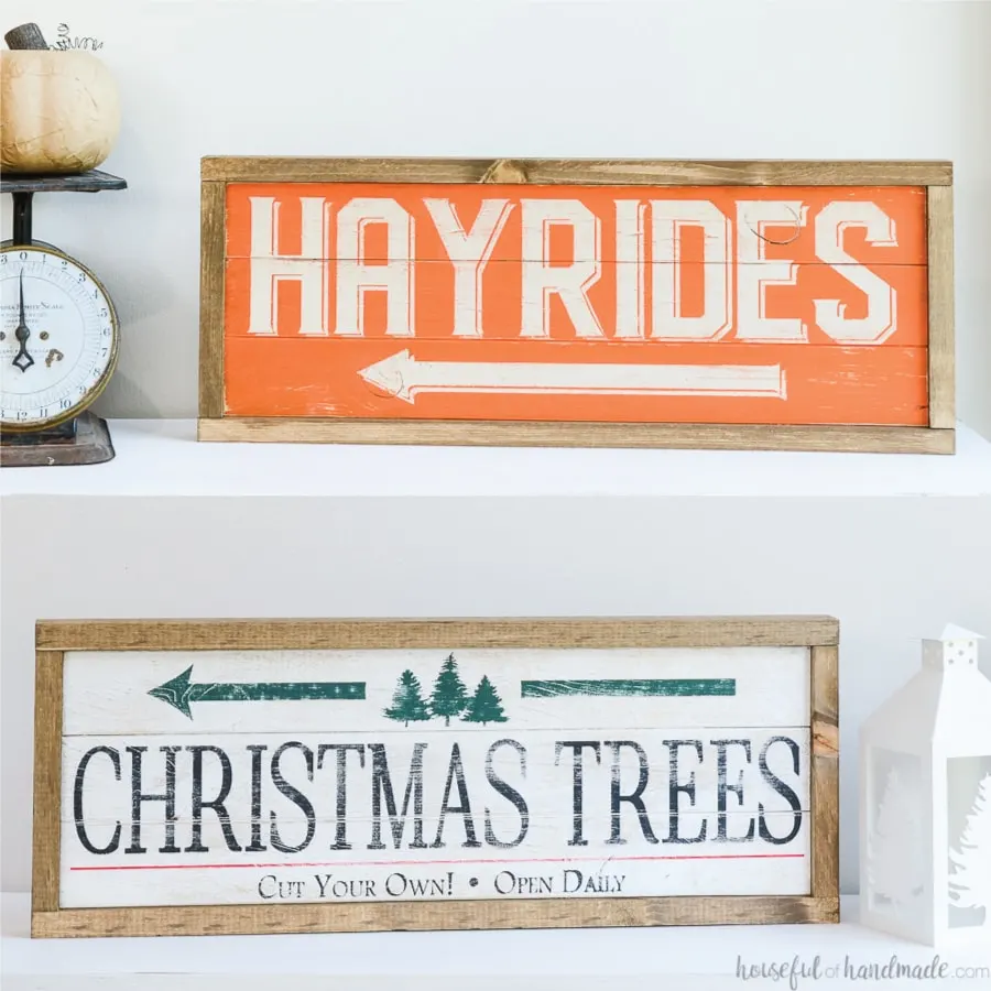 Two pictures of the DIY double sided wood sign: one of the orange and cream Hayrides sign and one of the white, black, green and red Christmas tree farm sign.