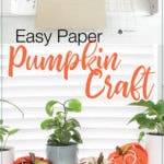 Picture of a Silhouette cameo cutting out the pieces of the pumpkin craft next to picture of the completed paper pumpkins.
