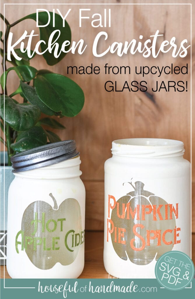 Two DIY kitchen canisters with fall decor with text "DIY Fall Kitchen canisters made from upcycled glass jars!" on it.