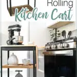3D sketchup image of the rolling kitchen cart and a photo of the completed kitchen cart in the kitchen with text overlay: DIY Modern Rolling Kitchen cart, Get the build plans."