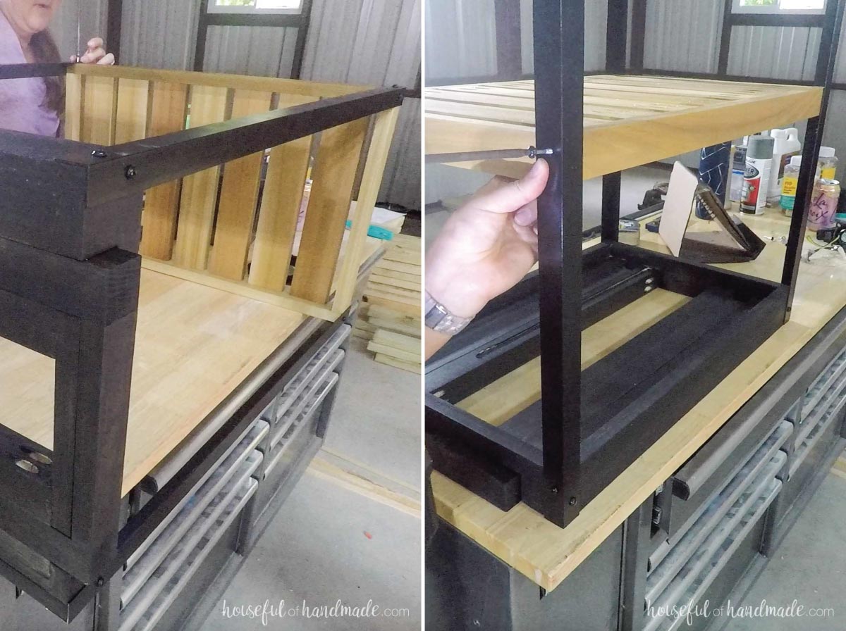 Attaching the middle and bottom shelves. 