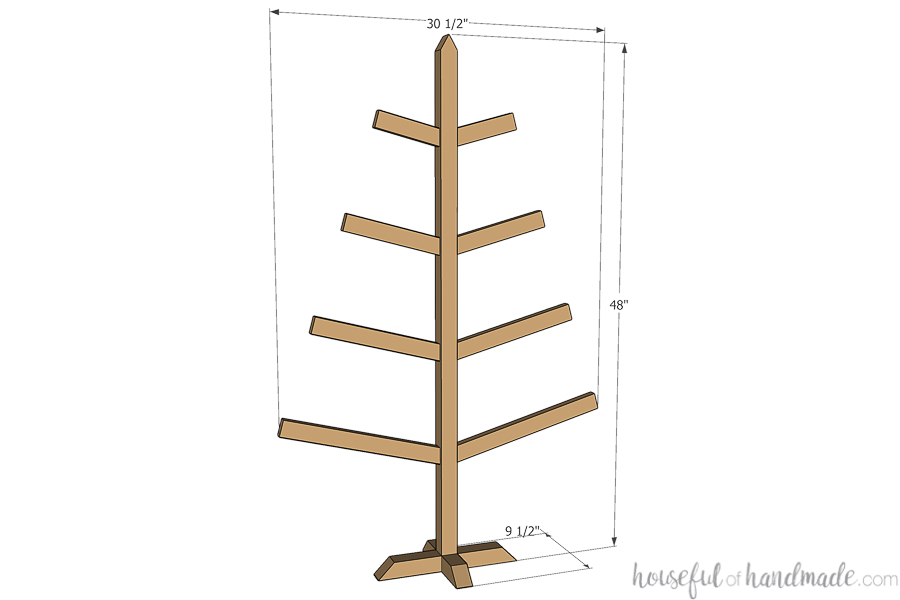 3D sketch of a Christmas tree shaped card holder with dimensions noted. 