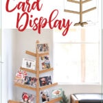 Picture of the 3D SketchUp version of the Christmas card tree next to completed card holder with text overlay: Christmas cary display.