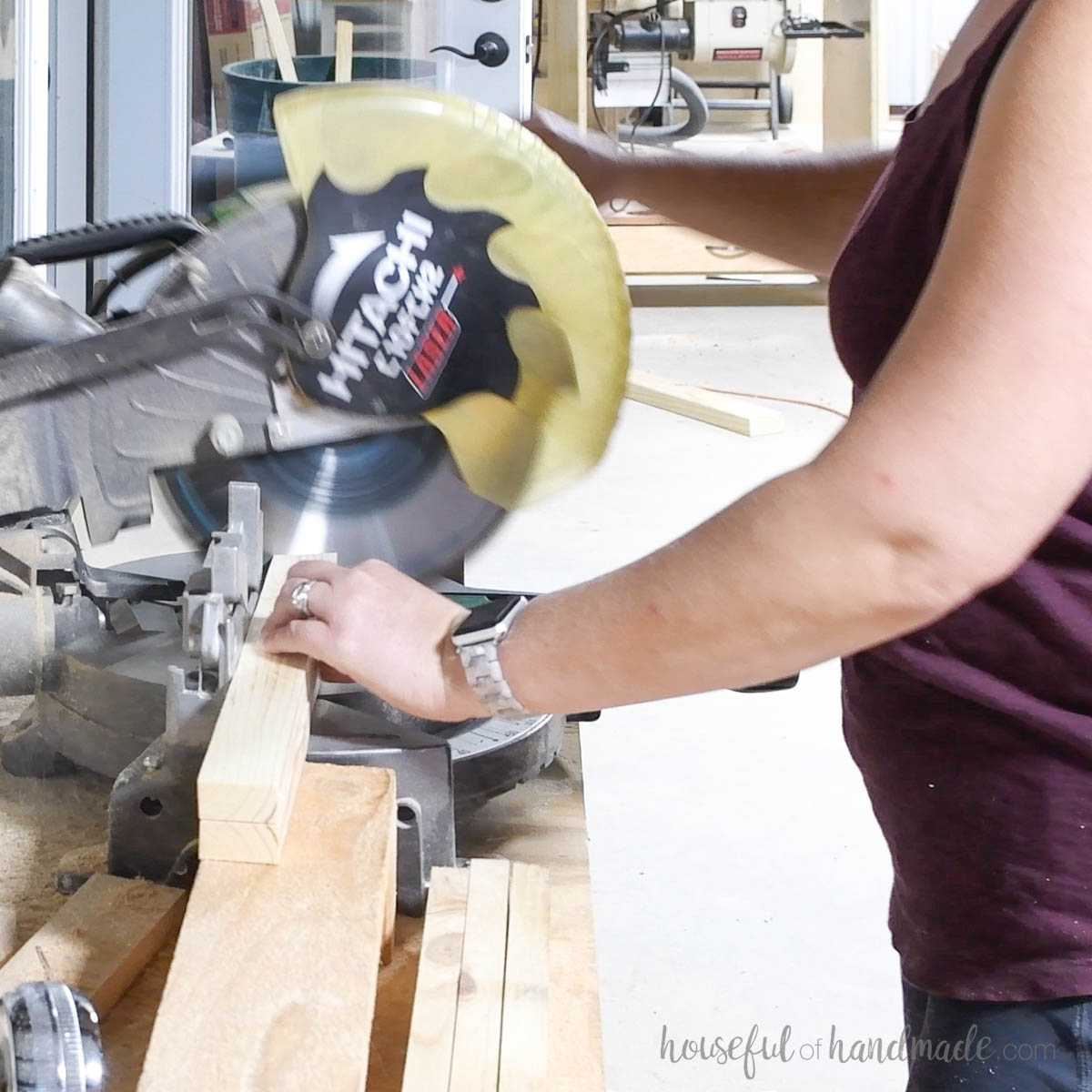 Cutting 1x2 boards at an angle on a miter saw. 