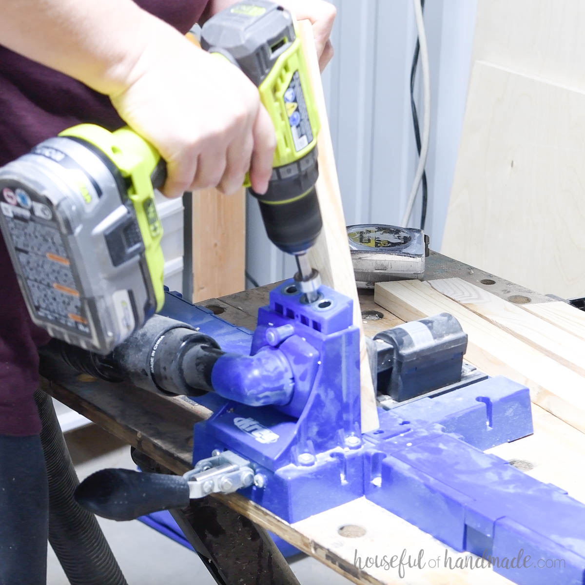 Drilling pocket holes in an angled board. 