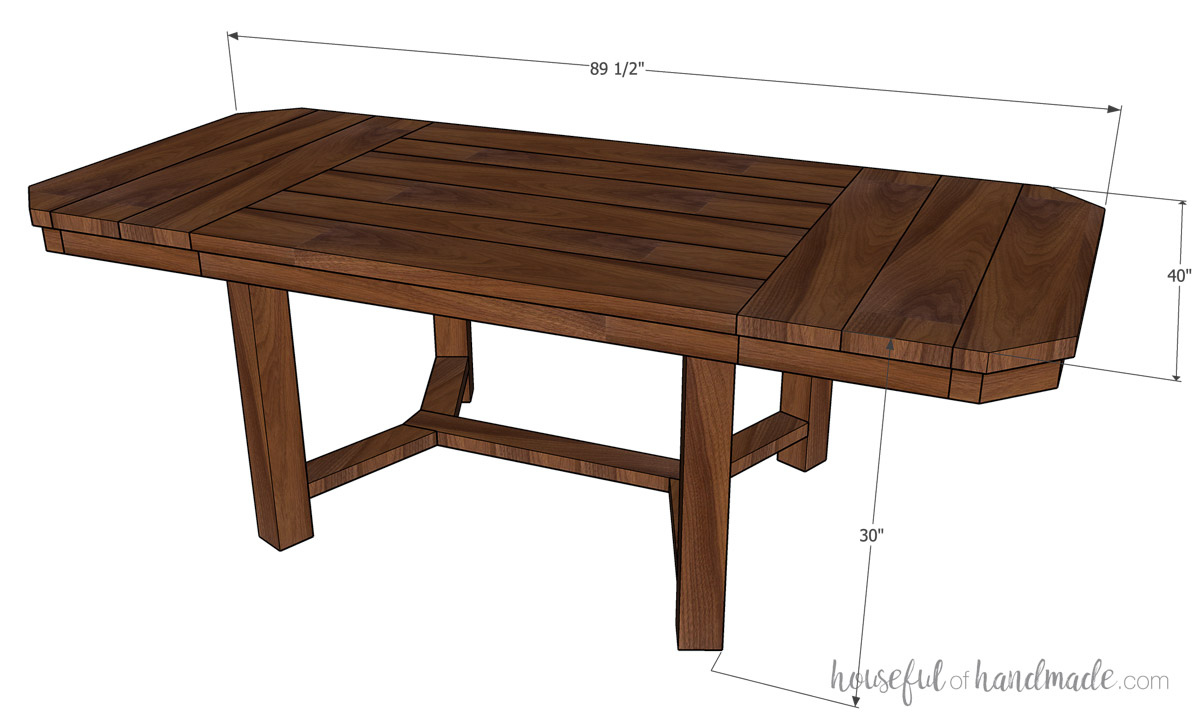 3D sketch of dining table with leaves installed and dimensions noted. 