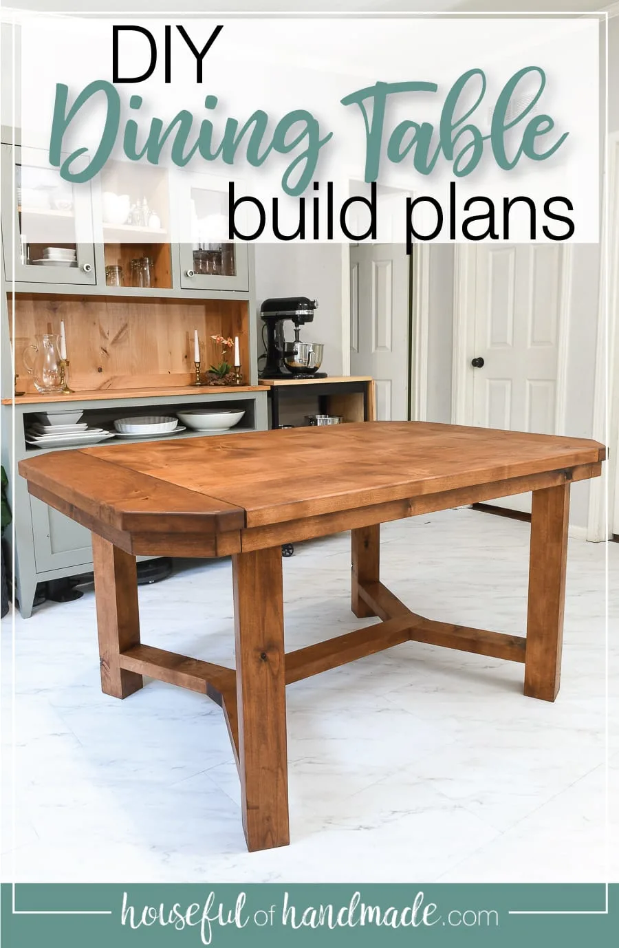 DIY dining room table in a dining room with a hutch in the background with text overlay: DIY Dining table build plans. 