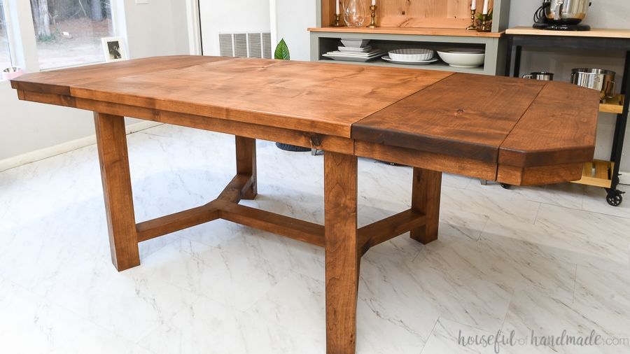 DIY trestle dining table that is 90" with both breadboard leaves installed. 