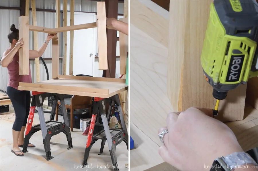 Placing the table base on top of the table top and securing it with the figure 8 fasteners.