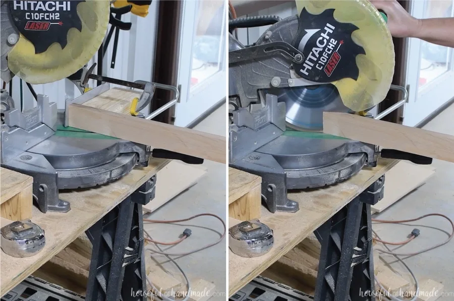 Cutting the 67 1/2" angle on the miter saw with a jig.
