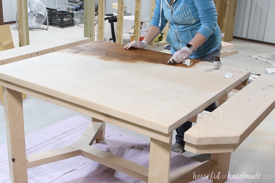 Applying the TrueTone chestnut color to the top of the table. 