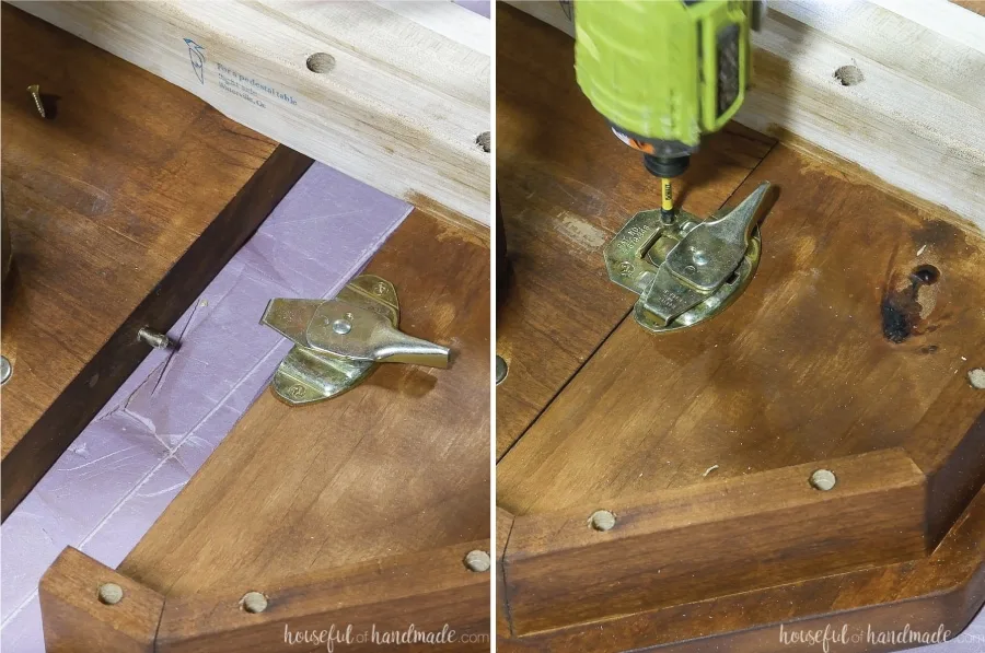 Attaching a table leaf lock to the underside of the breadboard end and table top.