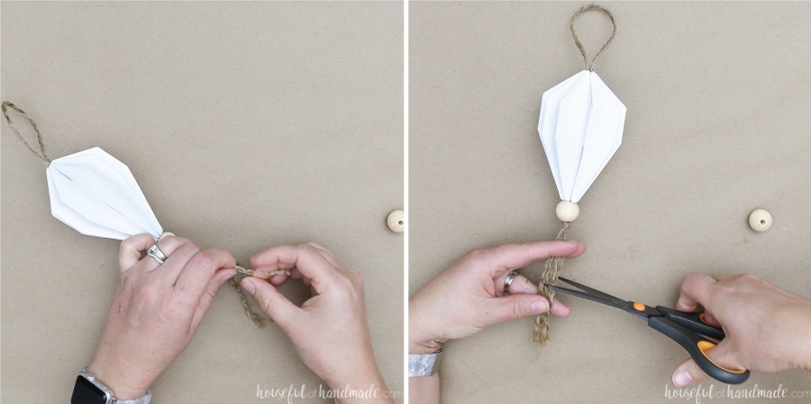 Two pictures: one showing the twine being unraveled to create a tassel, the other showing the tassel being trimmed to length. 