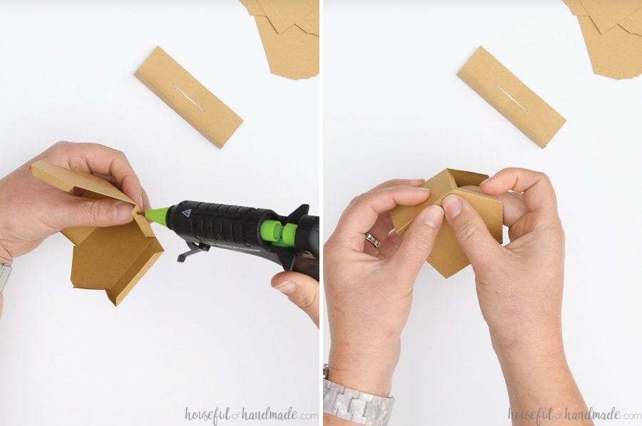 Two pictures: one showing adding glue to the side tab with a hot glue gun and the other showing the side being pinched closed to secure.