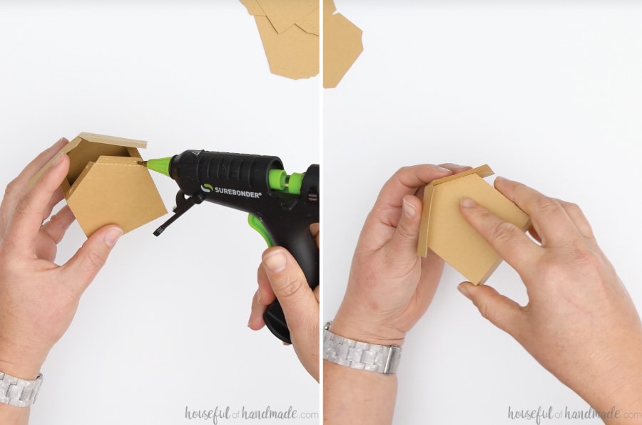 Two pictures showing adding glue and securing the roof to the front of the gingerbread house place card holder.