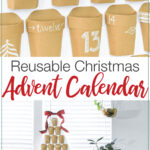 Close up of the paper pockets and picture of the advent calendar with text overlay: Reusable Christmas Advent calendar.