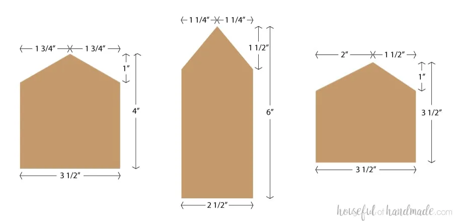 Illustration with measurements of the sizes and shapes of the house Christmas ornaments. 