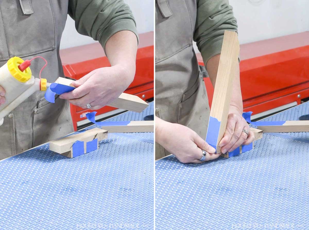 Attaching the first side of the tabletop Christmas trees. 