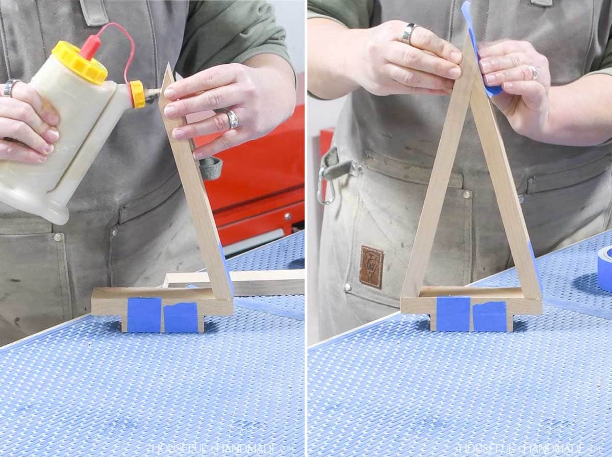 Attaching the second side to the wood Christmas tree. 