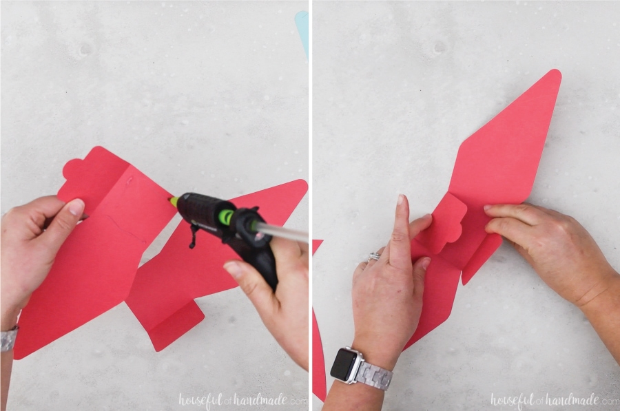 Two pictures showing the glue being added to the center bow section and the two pieces being glued together.