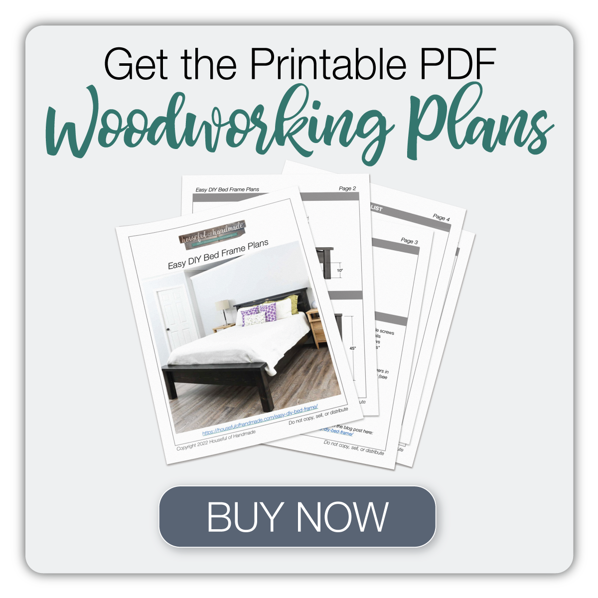 Button to buy the printable PDF woodworking plans for the DIY bed with headboard build.