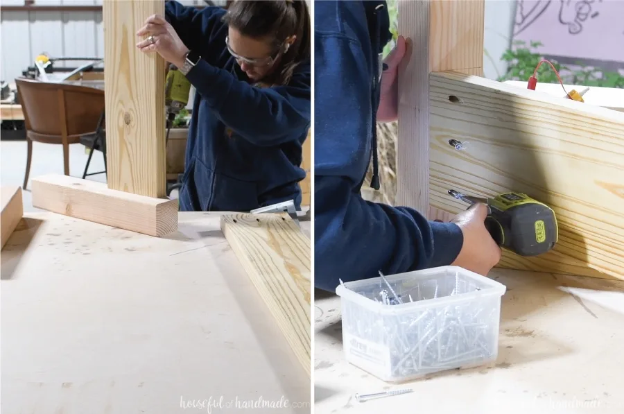 Attaching the legs to either side of the 2x8 board for the footboard. 