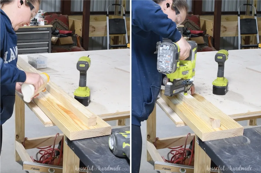 Attaching the 2x2 board to the rails with wood glue and a nail gun. 
