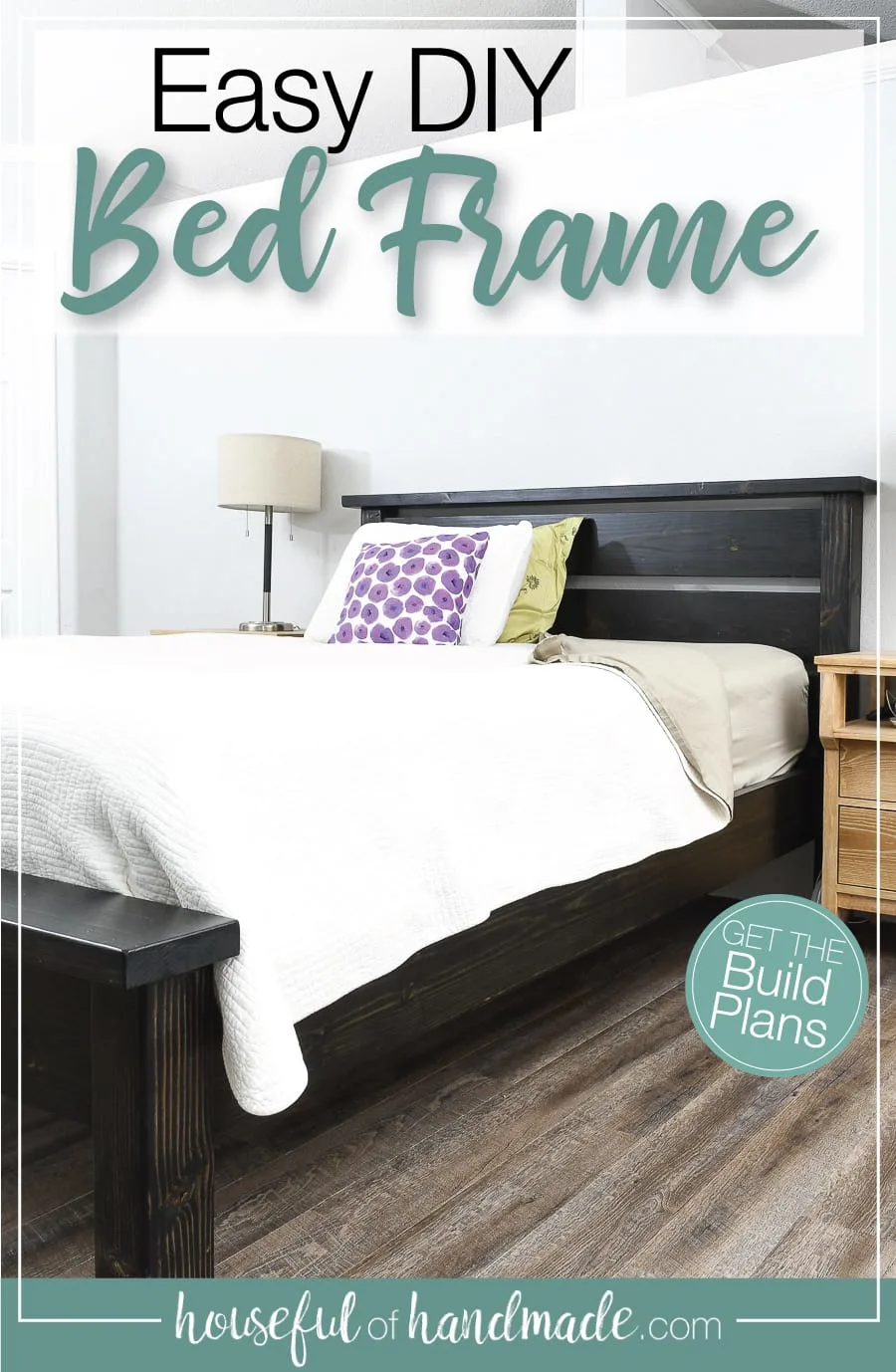 DIY bed frame stained black and assembled in a bedroom with bedding with text overlay: Easy DIY Bed Frame. 