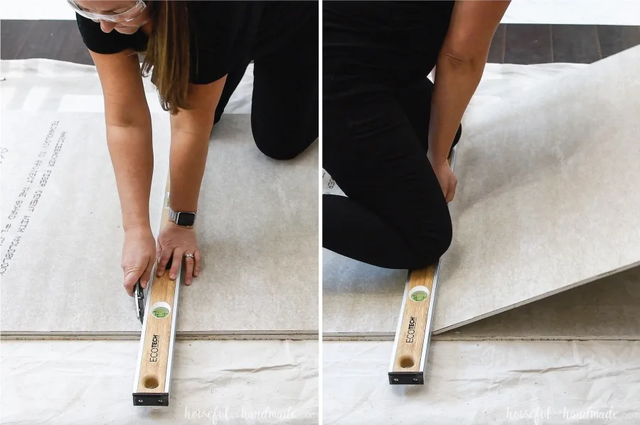 Two pictures: one of the cement board being scored with a knife using a level and the other showing the cement board being snapped up along the level.