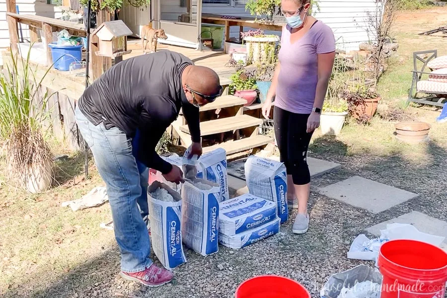 Prepping the bags of RapidSet Cement All for the countertop pour. 