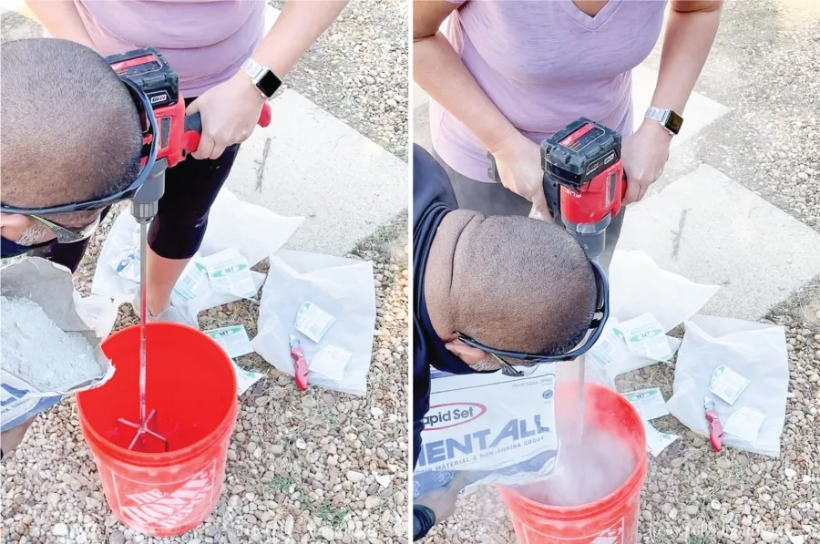 Mixing the Cement All into the water in the 5 gallon bucket with a metal paddle in a drill.