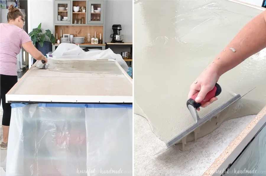 Spreading out the concrete over the inside of the concrete countertop form. 