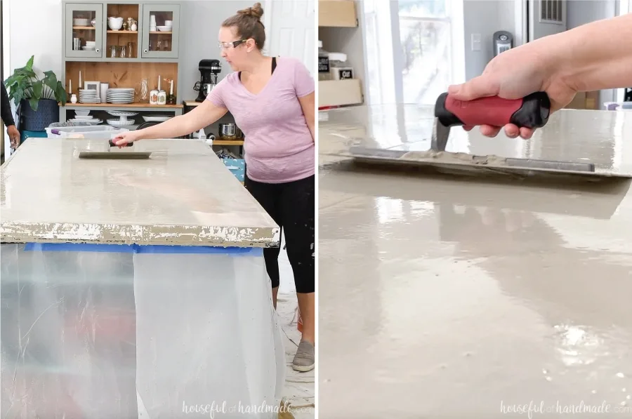 Smoothing the top of the concrete countertop with a trowel in an arched movement. 