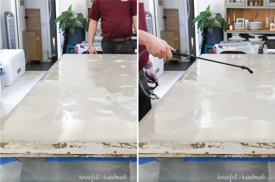 Two pictures showing the concrete countertop as it starts to look dry and then wetting it down with a sprayer. 