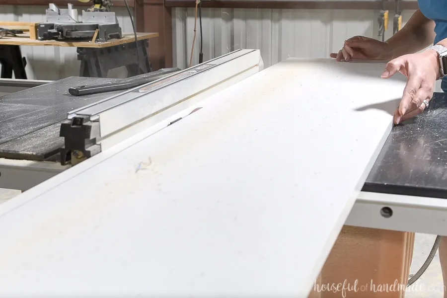 Ripping melamine covered strips on a table saw for the countertop forms. 