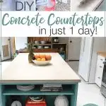 Three pictures of the process of pouring the concrete countertops with rapid set cement and picture of the completed kitchen countertop with text overlay: DIY Concrete Countertops in just 1 day!