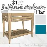 Mini design board of the $100 budget bathroom makeover with 3D drawing of the vanity, picture of marble vinyl flooring, gray and blue color swatches, and text: $100 Bathroom Makeover Plan.