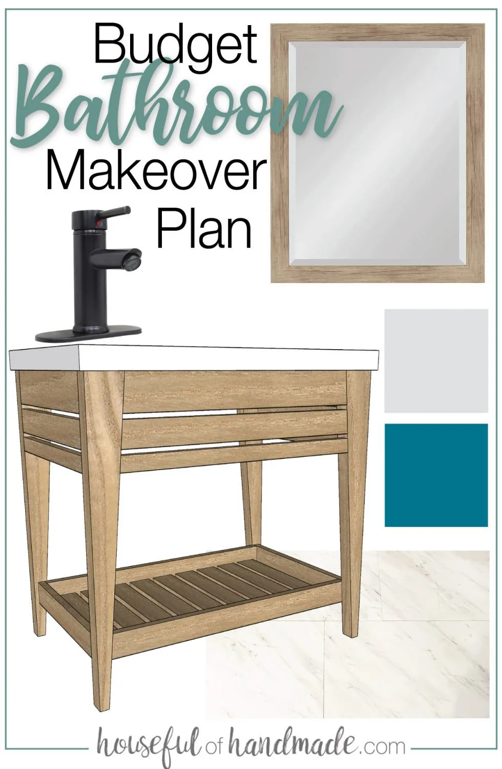Mood board for the $100 bathroom remodel with wood framed mirror, open bathroom vanity, vinyl floor, color swatches and black faucet with text: Budget Bathroom Makeover Plan.