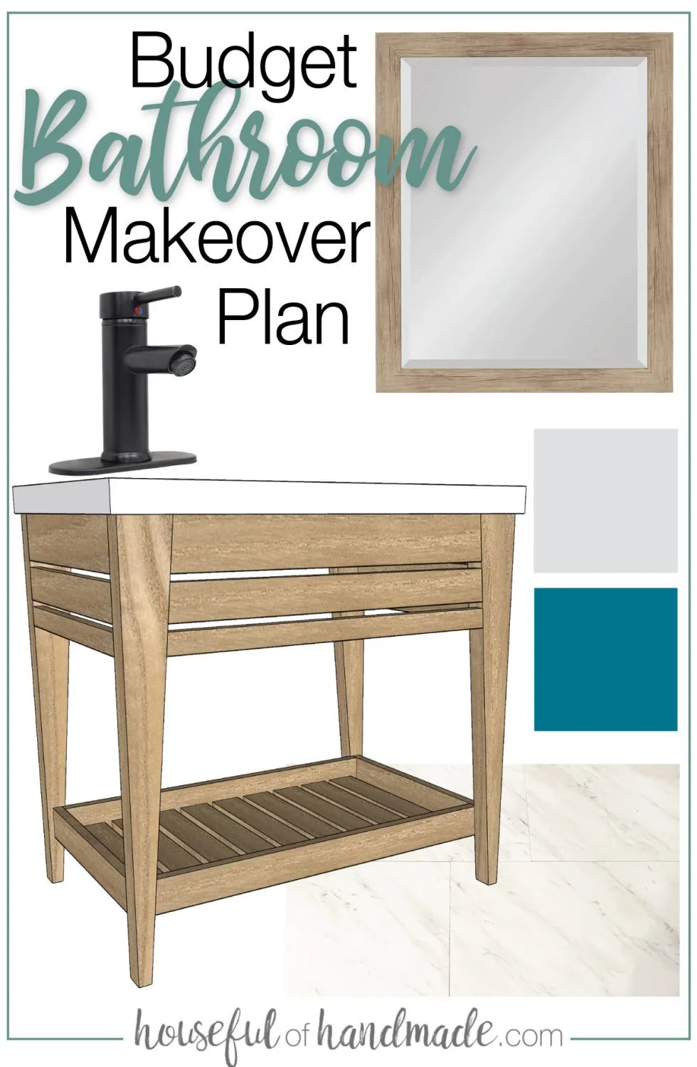 Mood board for the $100 bathroom remodel with wood framed mirror, open bathroom vanity, vinyl floor, color swatches and black faucet with text: Budget Bathroom Makeover Plan. 