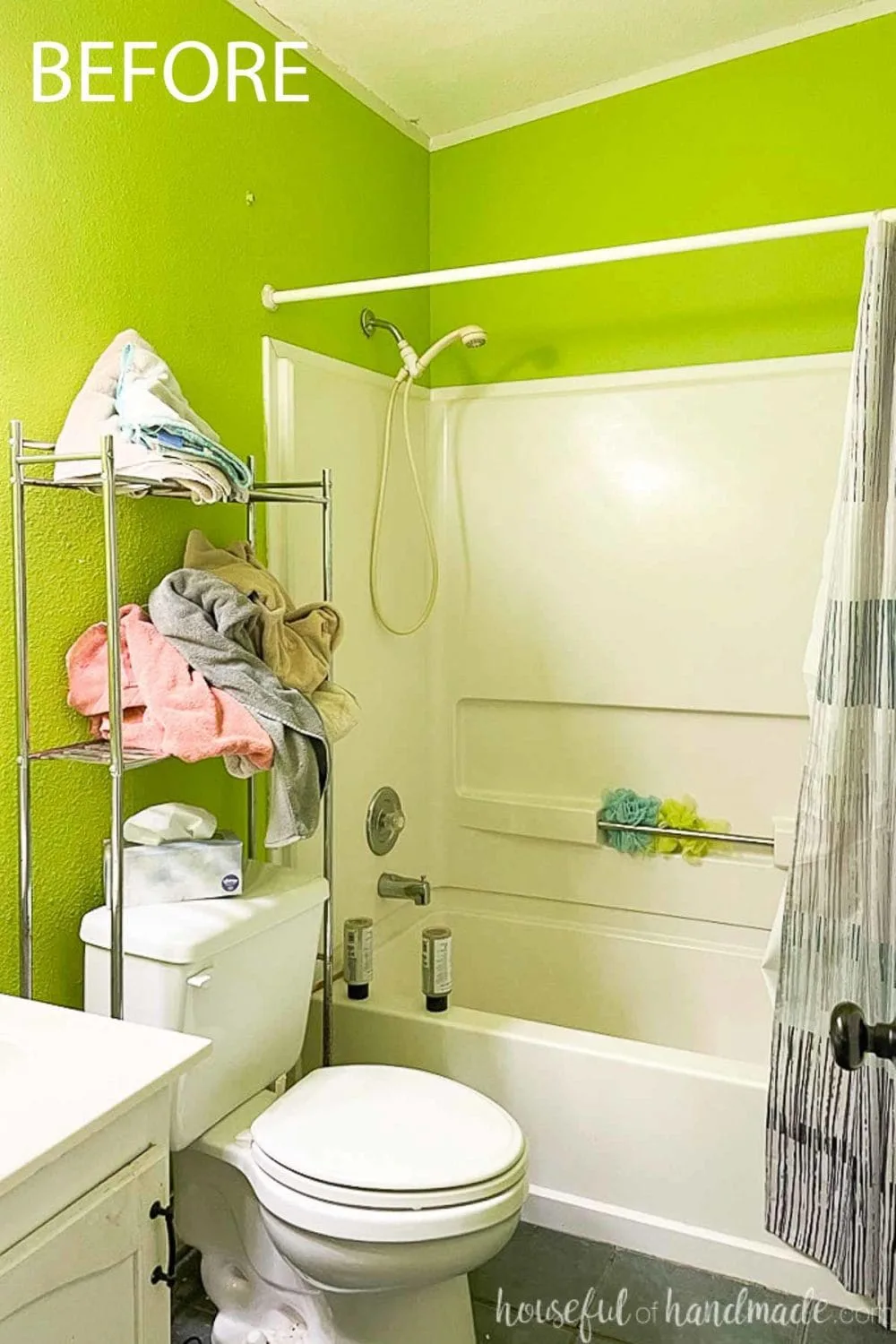 Before photo of the bathroom with vibrant green walls and bad shelving that is going to be remodeled for $100.