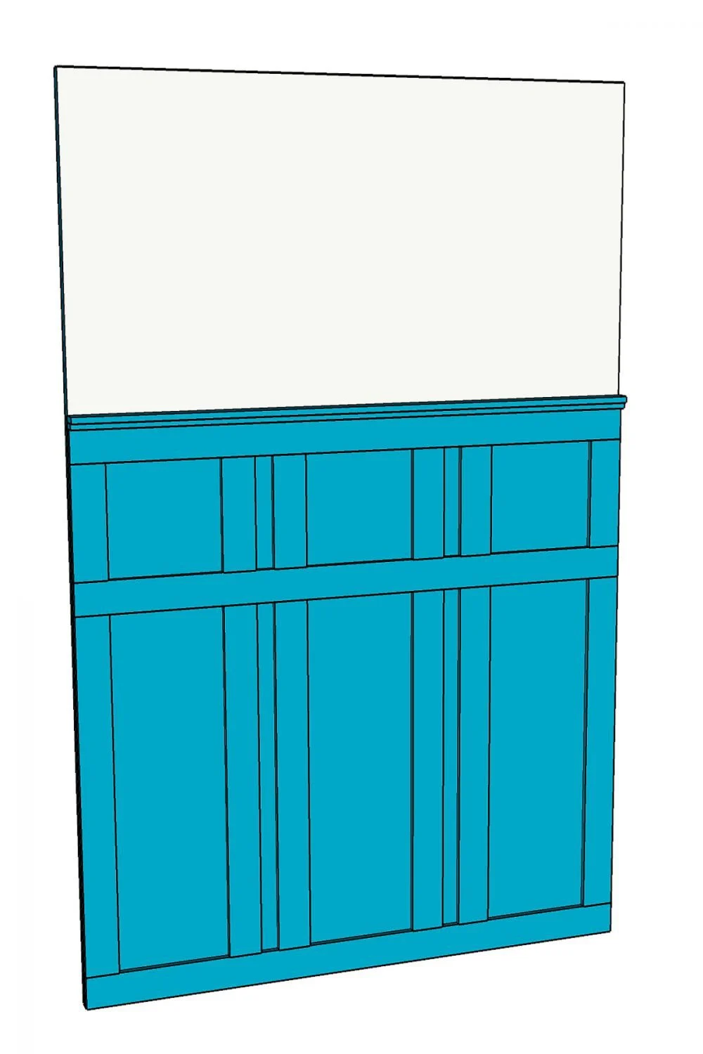 3D SketchUp drawing of the wall behind the door with board and batten painted blue on it. 