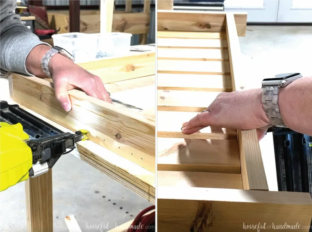 Finishing the bathroom vanity shelf assembly by attaching the 1x3 slats inside the frame. 