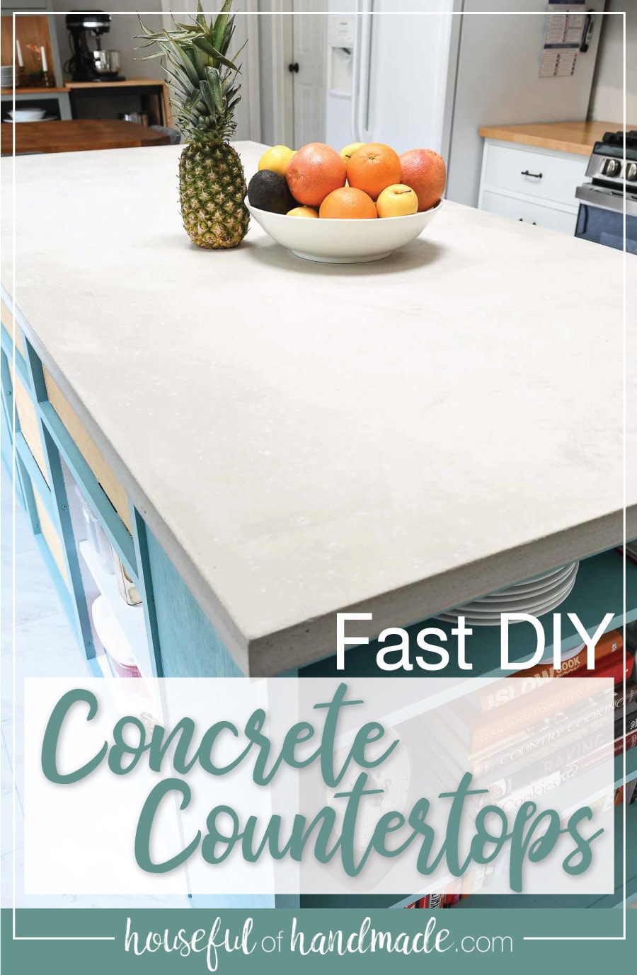 Kitchen island with a gray concrete countertop with a fruit bowl sitting on top and text overlay: Fast DIY concrete countertops.