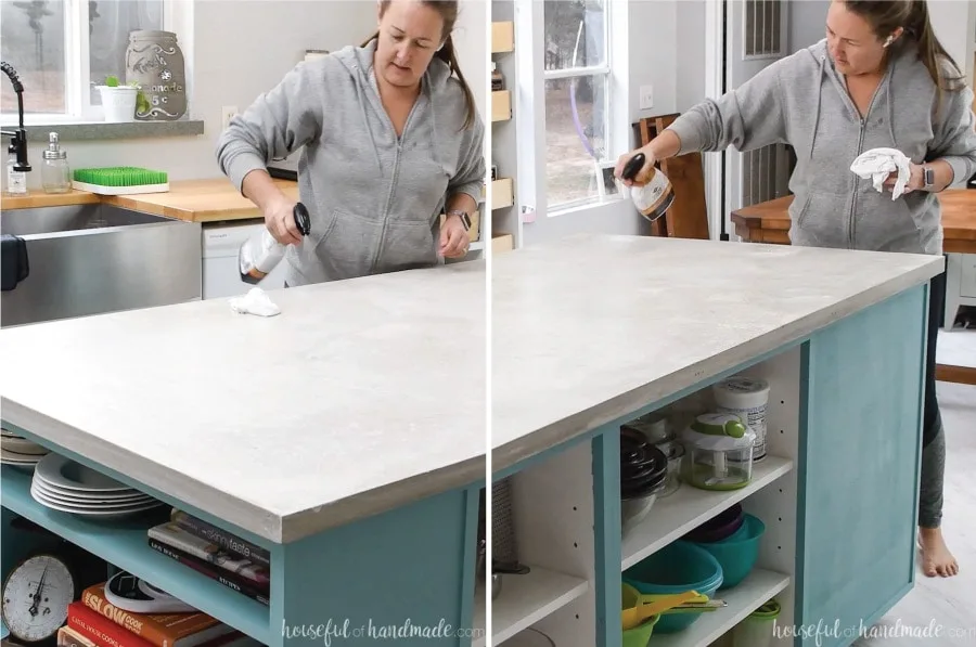 Two pictures showing spraying the Stone Care sealer on the DIY concrete countertops.