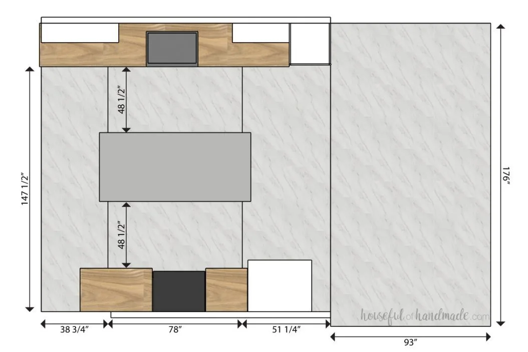 3D SketchUp drawing of the kitchen and dining room floor plan with the floor split into rectangles with the length and width measurements on them. 