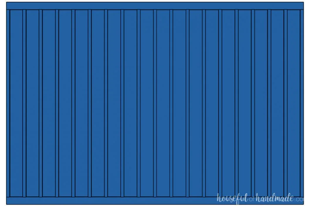 3D drawing of a full wall board and batten design with thin vertical boards and thicker top and bottom boards. 